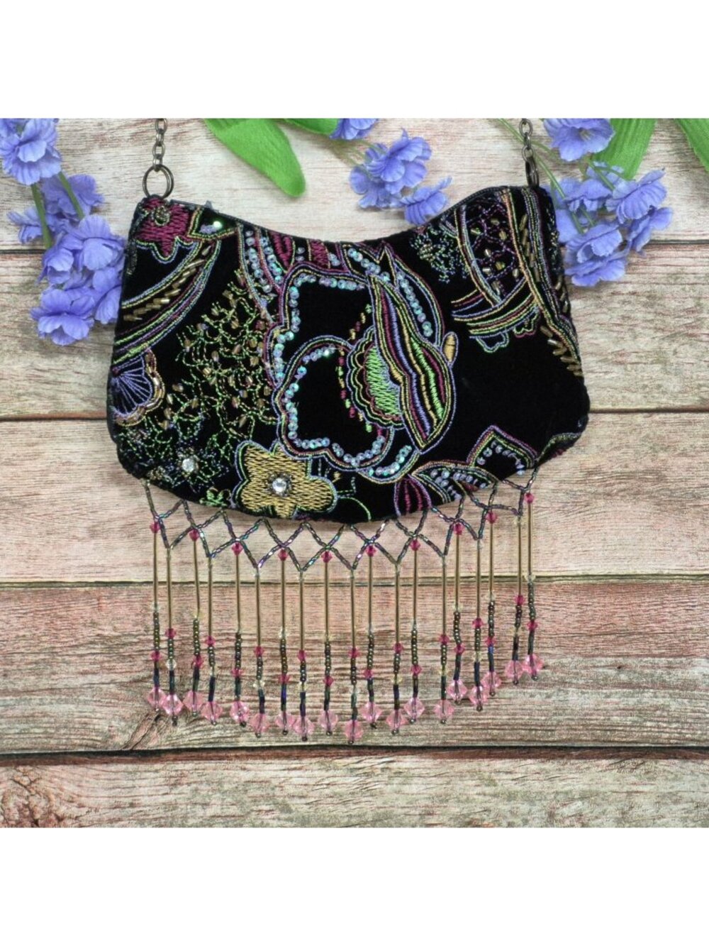 Mary Frances VTG Y2K Black Velvet Mini Bag Purse Bead Fringe Made in Philippines